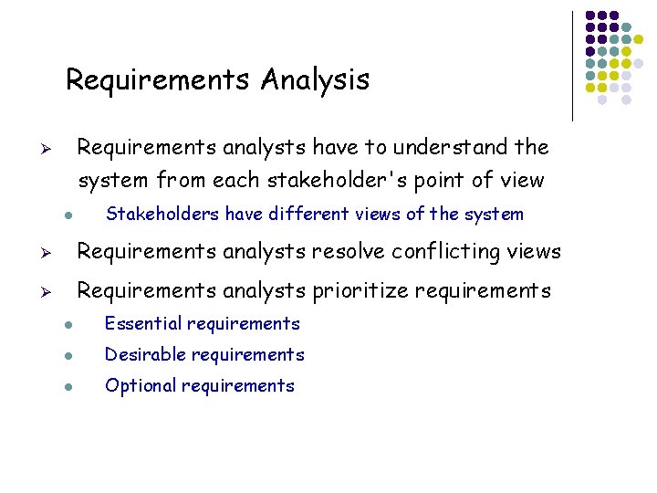 Requirements Analysis Requirements analysts have to understand the Ø system from each stakeholder's point