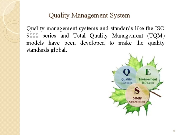 Quality Management System Quality management systems and standards like the ISO 9000 series and