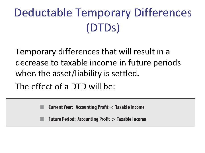 Deductable Temporary Differences (DTDs) Temporary differences that will result in a decrease to taxable