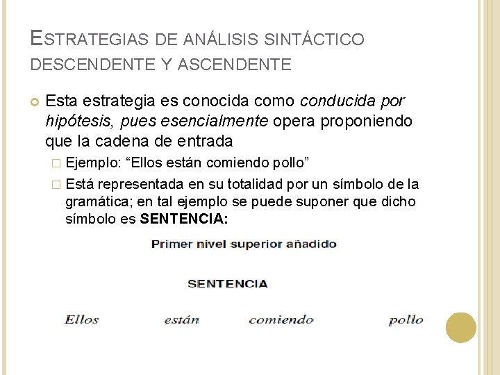 ESTRATEGIAS DE ANÁLISIS SINTÁCTICO DESCENDENTE Y ASCENDENTE Esta estrategia es conocida como conducida por ESTRATEGIAS DE ANÁLISIS SINTÁCTICO DESCENDENTE Y ASCENDENTE Esta estrategia es conocida como conducida por