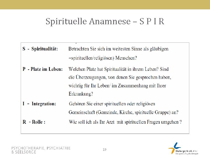 Spirituelle Anamnese – S P I R 19 