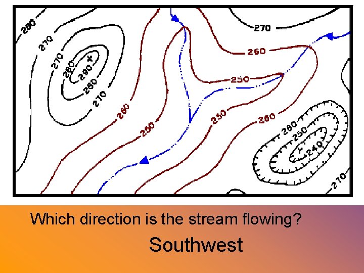 Which direction is the stream flowing? Southwest 