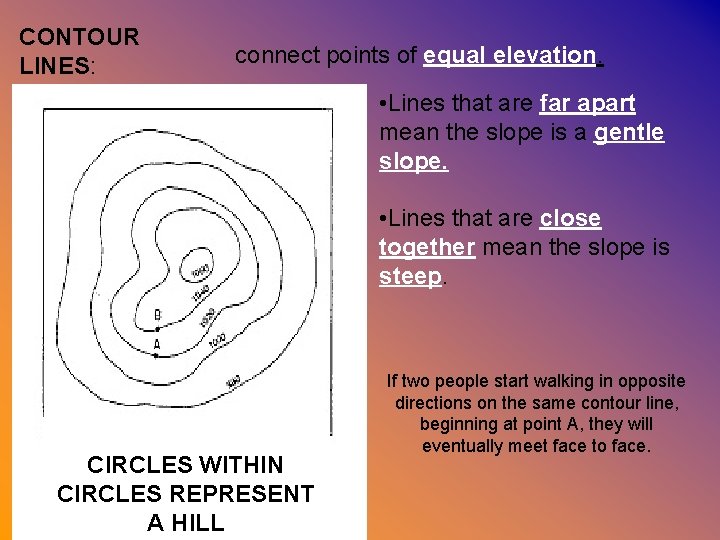 CONTOUR LINES: connect points of equal elevation. • Lines that are far apart mean