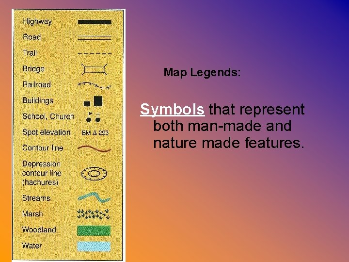 Map Legends: Symbols that represent both man-made and nature made features. 