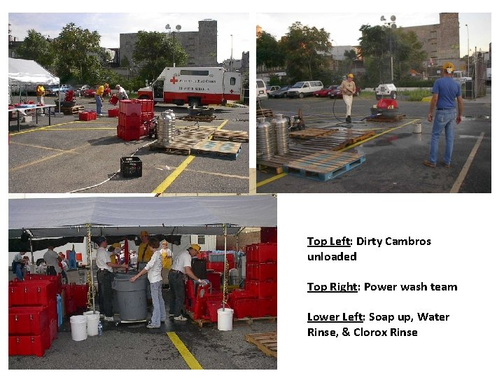 Top Left: Dirty Cambros unloaded Top Right: Power wash team Lower Left: Soap up,