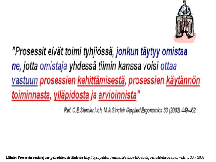 Prosessin omistajuus Lähde: Prosessin omistajuus paineiden ristitulessa http: //cgi. qualitas-fennica. fi/artikkelit/omistajuusristitulessa. html, viitattu 30.