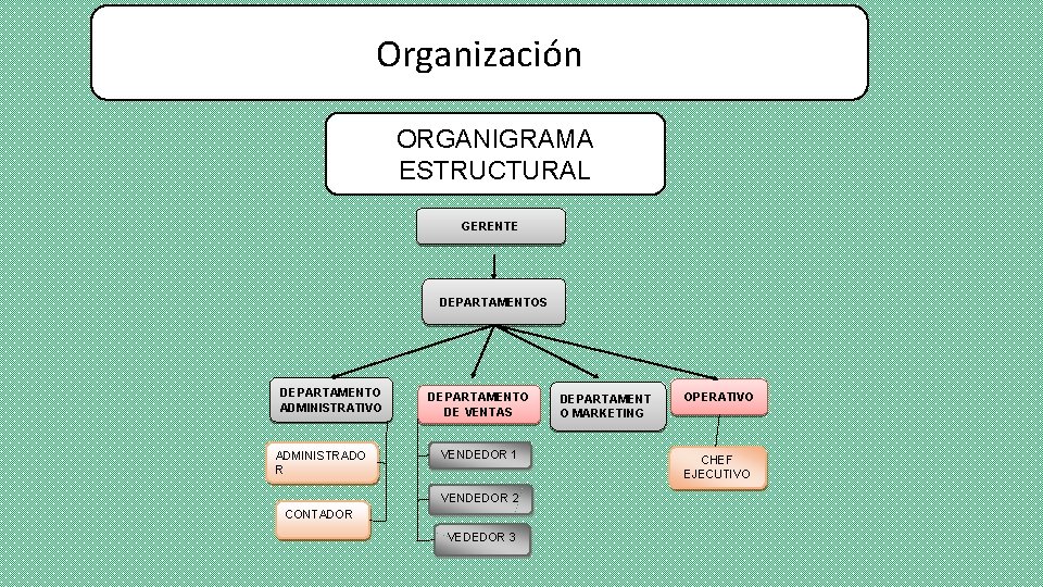 Organización ORGANIGRAMA ESTRUCTURAL GERENTE DEPARTAMENTOS DEPARTAMENTO ADMINISTRATIVO ADMINISTRADO R DEPARTAMENTO DE VENTAS VENDEDOR 1