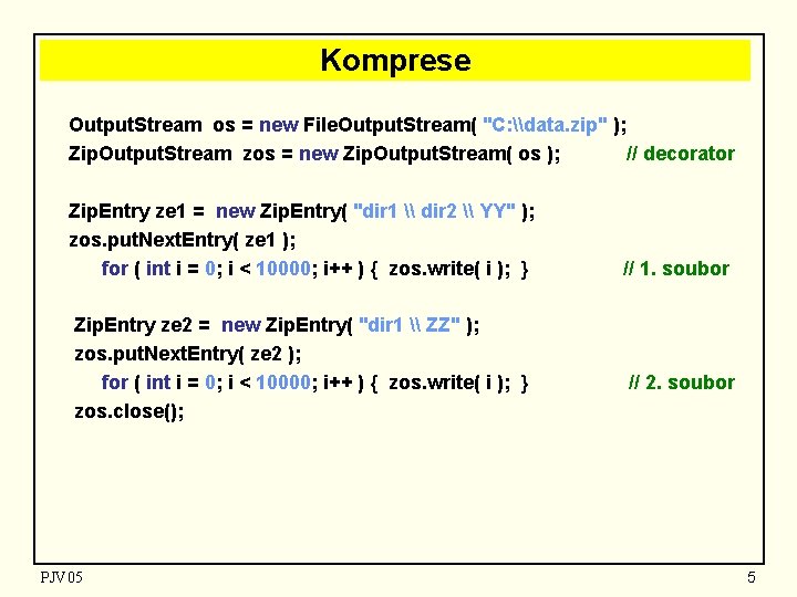 Komprese Output. Stream os = new File. Output. Stream( "C: \data. zip" ); Zip.