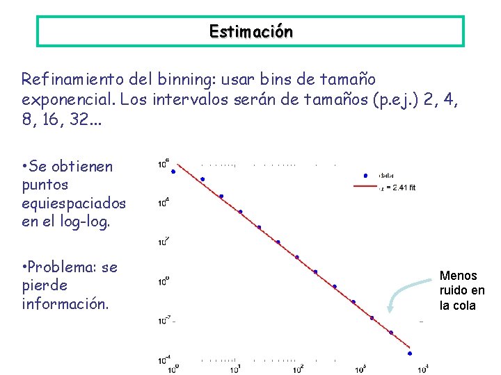 Estimación Refinamiento del binning: usar bins de tamaño exponencial. Los intervalos serán de tamaños