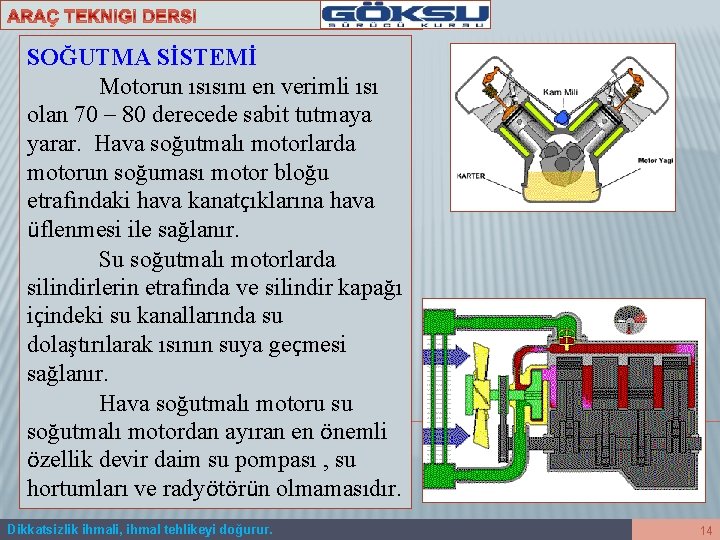 SOĞUTMA SİSTEMİ Motorun ısısını en verimli ısı olan 70 – 80 derecede sabit tutmaya