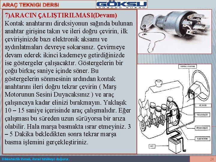 7)ARACIN ÇALIŞTIRILMASI(Devam) Kontak anahtarını direksiyonun sağında bulunan anahtar girişine takın ve ileri doğru çevirin,