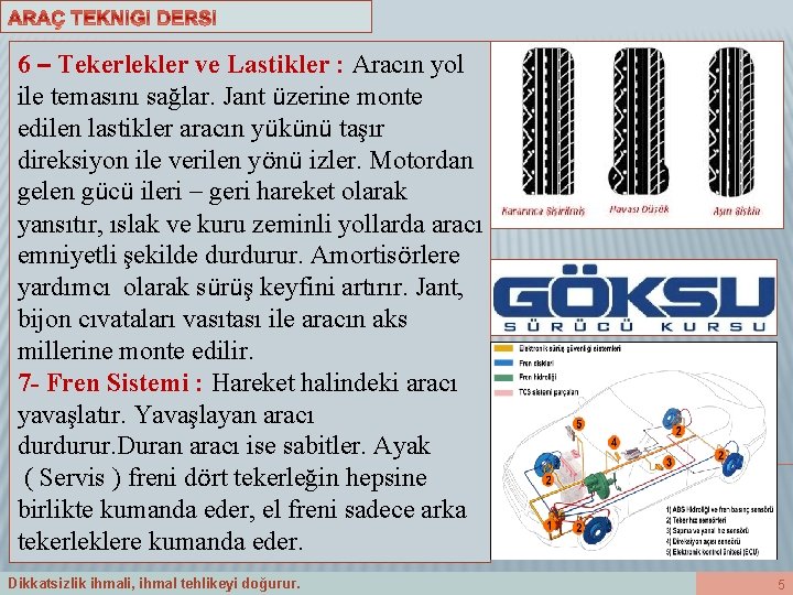 6 – Tekerlekler ve Lastikler : Aracın yol ile temasını sağlar. Jant üzerine monte