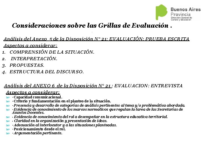 Consideraciones sobre las Grillas de Evaluación. . Análisis del Anexo 5 de la Disposición