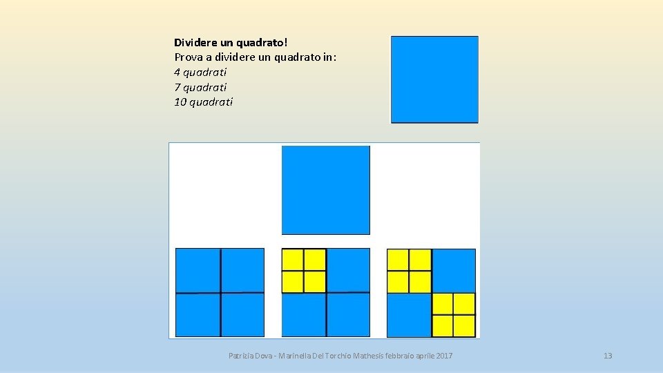 Dividere un quadrato! Prova a dividere un quadrato in: 4 quadrati 7 quadrati 10