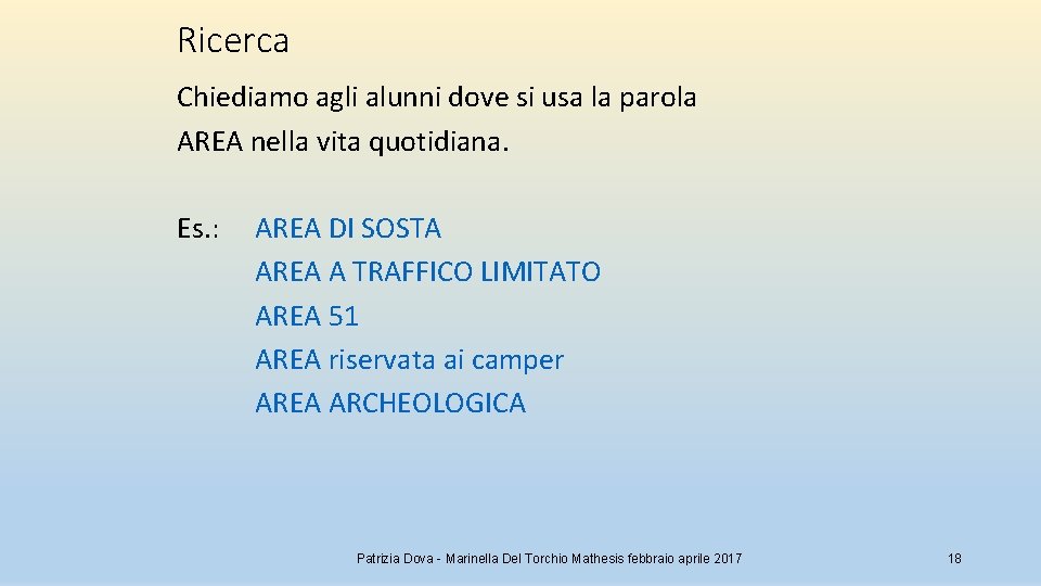 Ricerca Chiediamo agli alunni dove si usa la parola AREA nella vita quotidiana. Es.