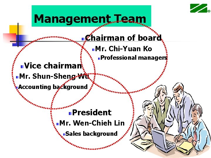 Management Team Chairman of board Mr. Chi-Yuan Ko Vice chairman Professional managers Mr. Shun-Sheng