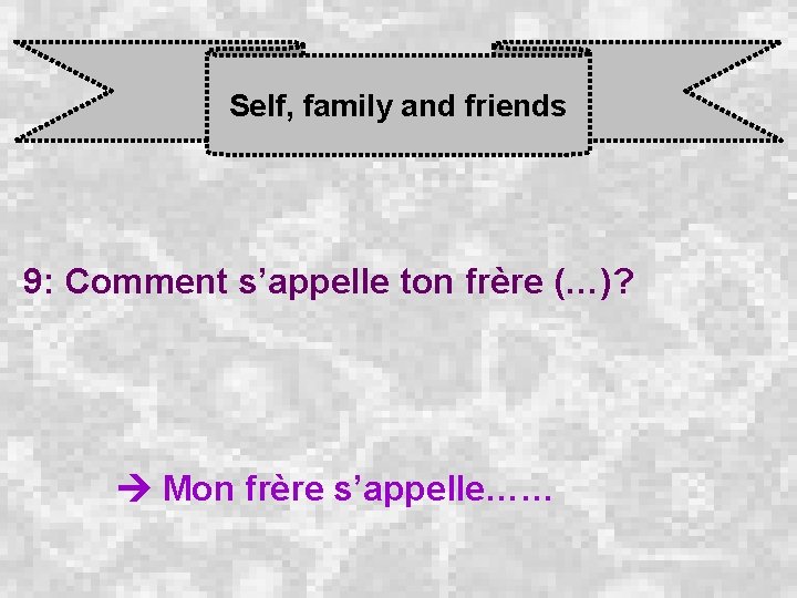 Self, family and friends 9: Comment s’appelle ton frère (…)? Mon frère s’appelle…… 