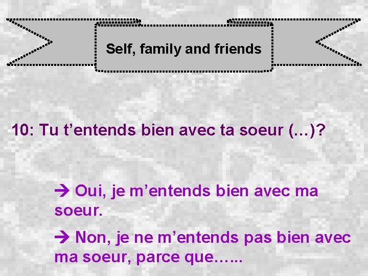 Self, family and friends 10: Tu t’entends bien avec ta soeur (…)? Oui, je