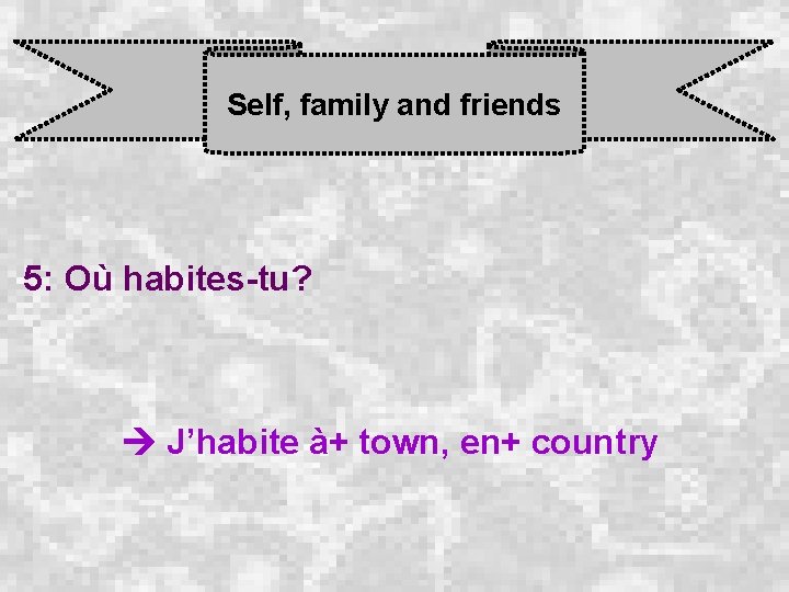 Self, family and friends 5: Où habites-tu? J’habite à+ town, en+ country 