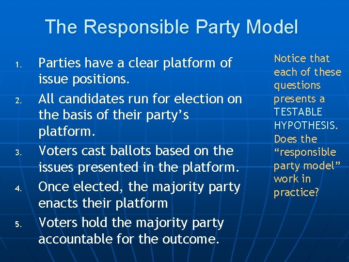 The Responsible Party Model 1. 2. 3. 4. 5. Parties have a clear platform