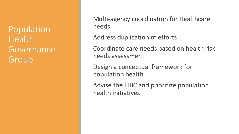 Population Health Governance Group Multi-agency coordination for Healthcare needs Address duplication of efforts Coordinate