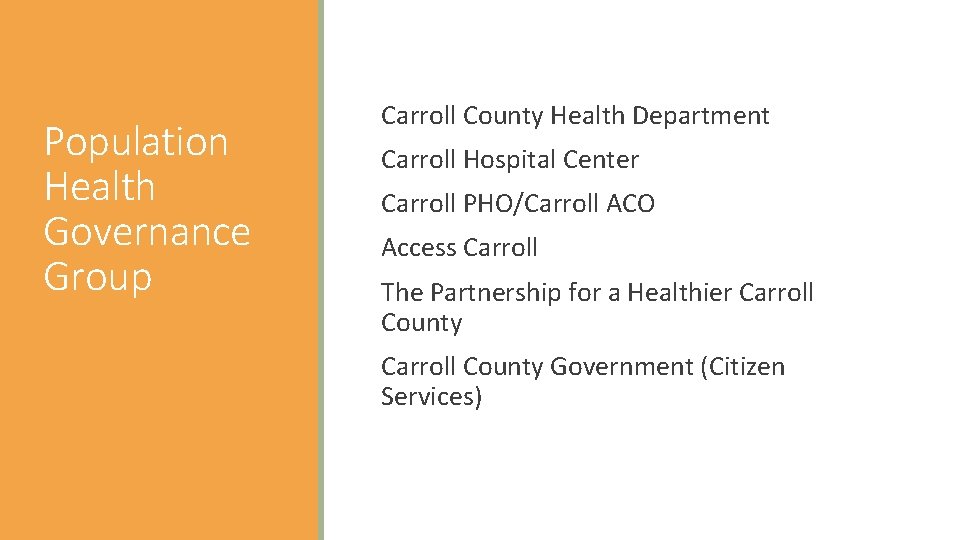 Population Health Governance Group Carroll County Health Department Carroll Hospital Center Carroll PHO/Carroll ACO