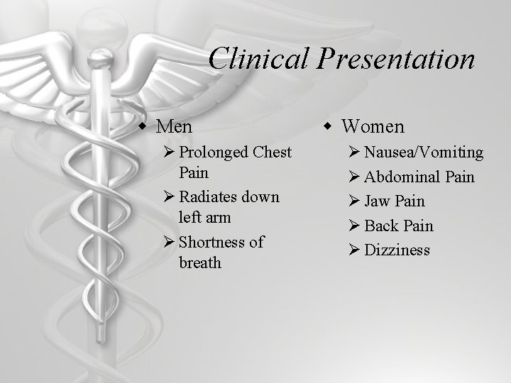 Clinical Presentation w Men Ø Prolonged Chest Pain Ø Radiates down left arm Ø