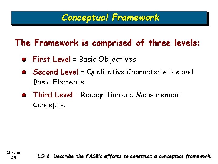 Conceptual Framework The Framework is comprised of three levels: First Level = Basic Objectives