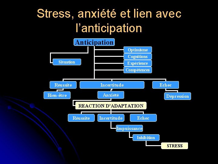 Stress, anxiété et lien avec l’anticipation Anticipation Optimisme Cognitions Situation Expérience Compétences Réussite Incertitude