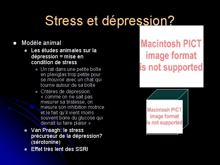 Stress et dépression? l Modèle animal l Les études animales sur la dépression =