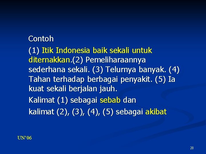 Contoh (1) Itik Indonesia baik sekali untuk diternakkan. (2) Pemeliharaannya sederhana sekali. (3) Telurnya