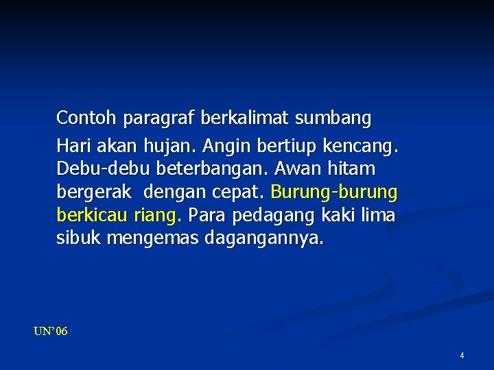 Contoh paragraf berkalimat sumbang Hari akan hujan. Angin bertiup kencang. Debu-debu beterbangan. Awan hitam