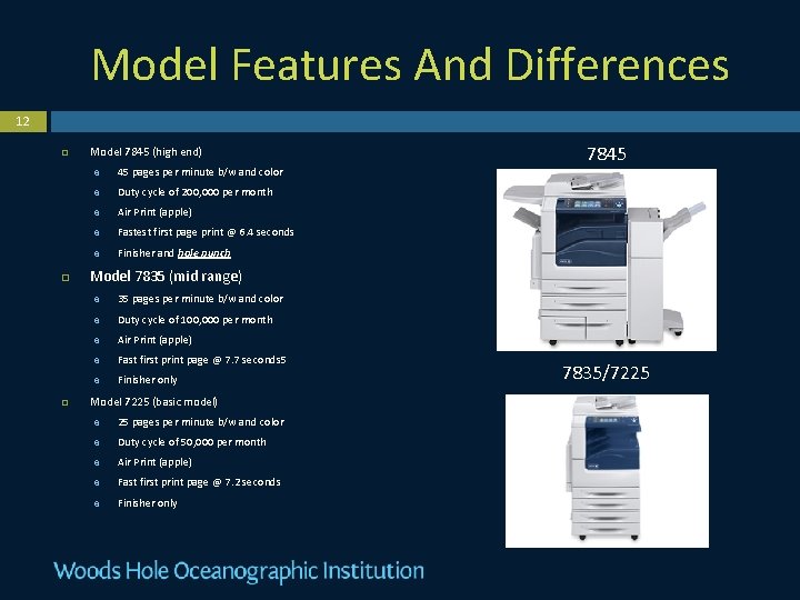 Model Features And Differences 12 Model 7845 (high end) 45 pages per minute b/w