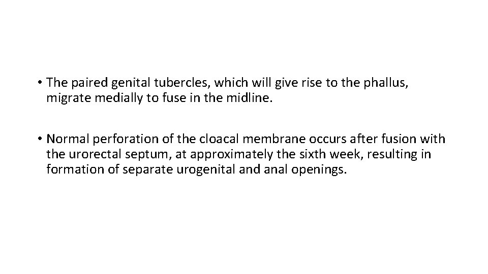  • The paired genital tubercles, which will give rise to the phallus, migrate