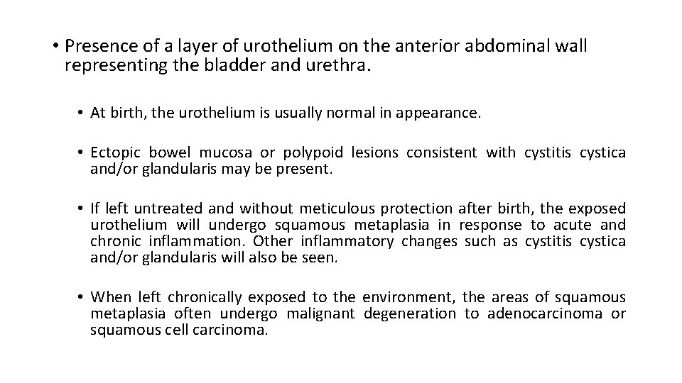  • Presence of a layer of urothelium on the anterior abdominal wall representing