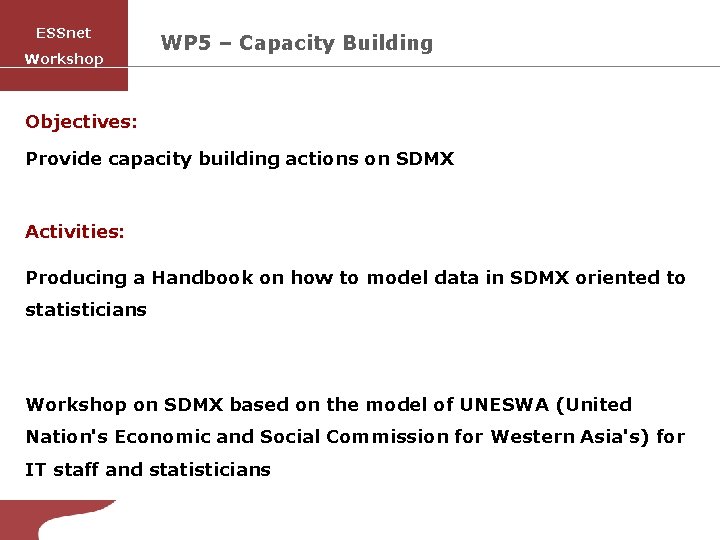 ESSnet Workshop WP 5 – Capacity Building Objectives: Provide capacity building actions on SDMX