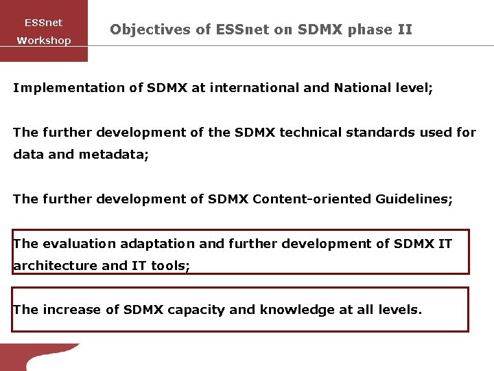 SISAI ESSnet Workshop Objectives of ESSnet on SDMX phase II Implementation of SDMX at