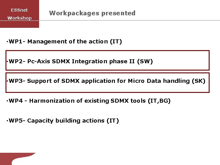 ESSnet Workshop Workpackages presented • WP 1 - Management of the action (IT) •