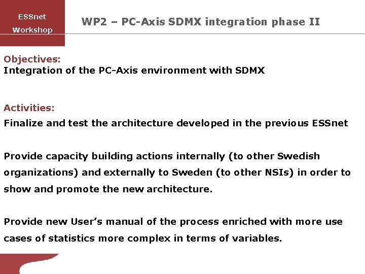 ESSnet Workshop WP 2 – PC-Axis SDMX integration phase II Objectives: Integration of the