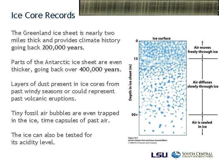 Ice Core Records The Greenland ice sheet is nearly two miles thick and provides