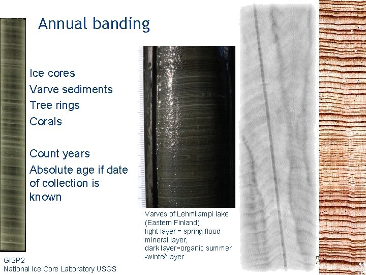 Annual banding Ice cores Varve sediments Tree rings Corals Count years Absolute age if