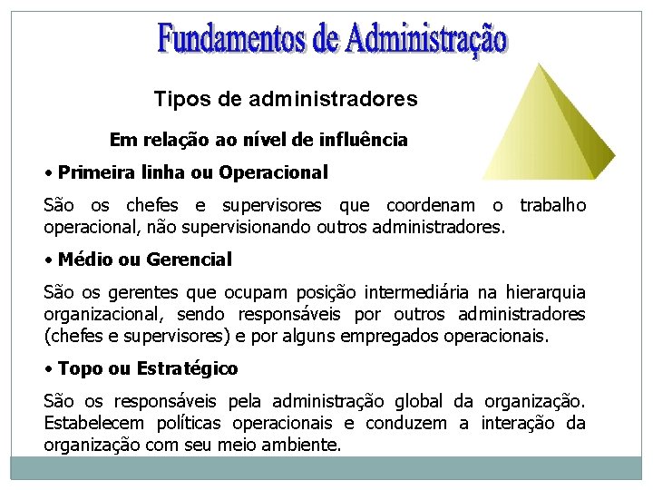 Tipos de administradores Em relação ao nível de influência • Primeira linha ou Operacional Tipos de administradores Em relação ao nível de influência • Primeira linha ou Operacional