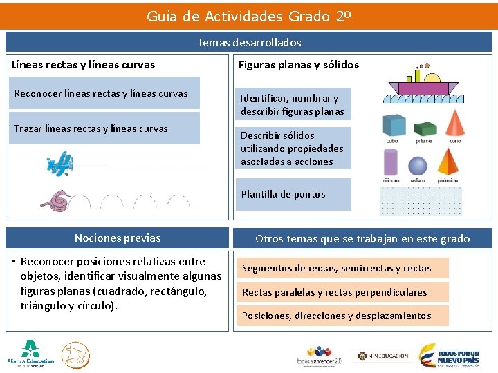 Guía de Actividades Grado 2º Temas desarrollados Líneas rectas y líneas curvas Figuras planas