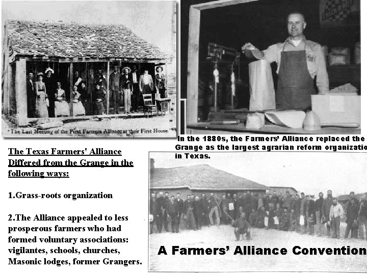 The Texas Farmers' Alliance Differed from the Grange in the following ways: In the