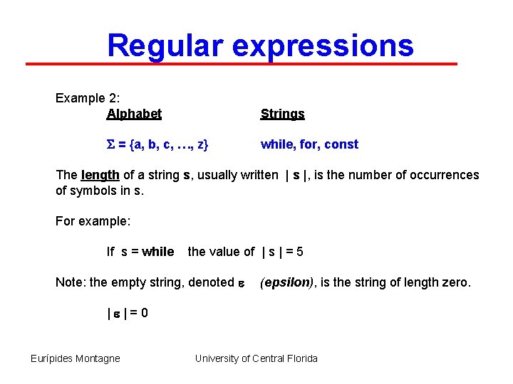 Regular expressions Example 2: Alphabet Strings S = {a, b, c, …, z} while,