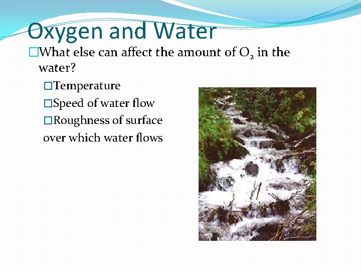 Oxygen and Water �What else can affect the amount of O 2 in the