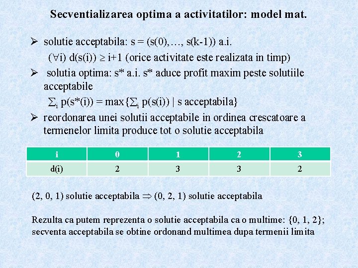 Secventializarea optima a activitatilor: model mat. Ø solutie acceptabila: s = (s(0), …, s(k-1))