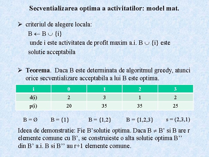 Secventializarea optima a activitatilor: model mat. Ø criteriul de alegere locala: B B {i}
