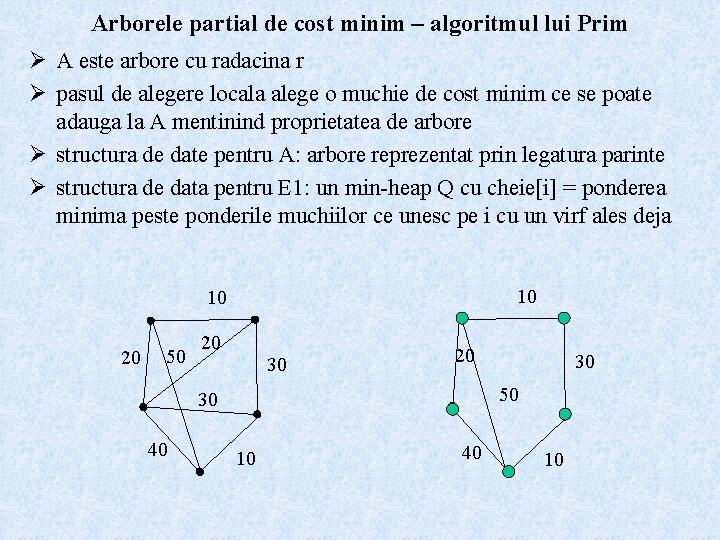 Arborele partial de cost minim – algoritmul lui Prim Ø A este arbore cu