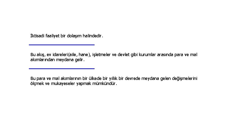 İktisadi faaliyet bir dolaşım halindedir. Bu akış, ev idareleri(aile, hane), işletmeler ve devlet gibi